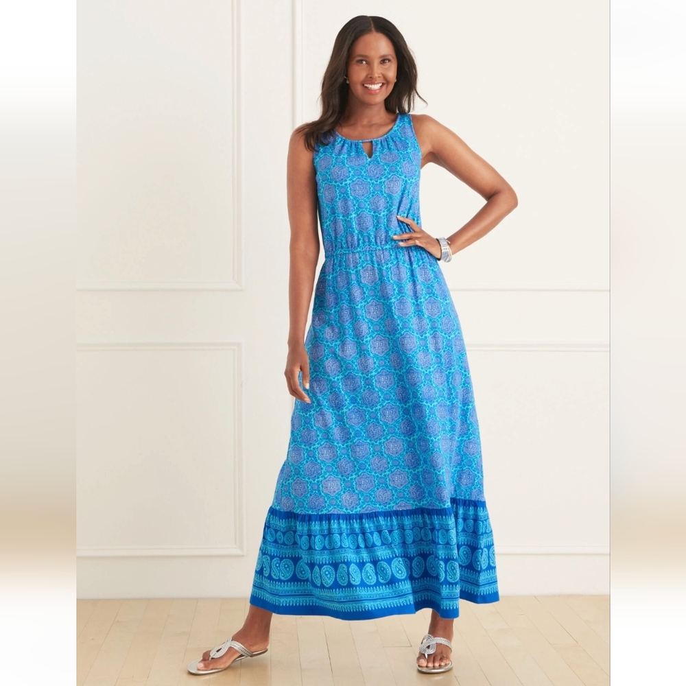 Talbots Maxi Dress Paisley Medallion Print Sleeveless Small Cotton Knit Stretchy